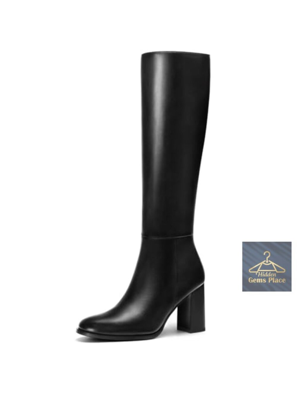 Women Knee High Boots Chunky Heel Faux Leather Side Zip